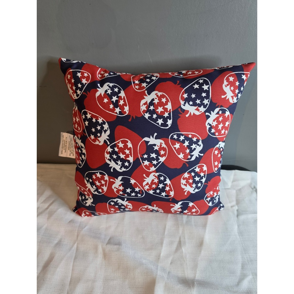 Patriotic Strawberry Stars and Stripes Throw Pillow Red White Blue Americana
